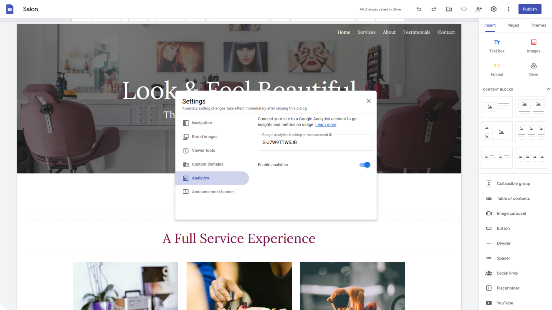 An image of the Google Sites website builder with the Analytics settings tab open. The tab hightlights how easy it is to link Google Analytics with Google Sites by simply imputting a Google Analytics tracking or measurement ID