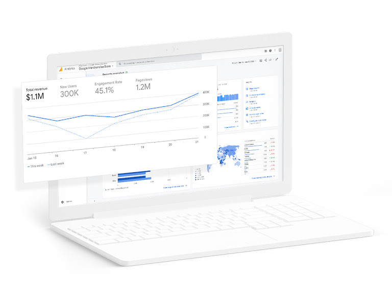 An image of a laptop with Google Analytics on the screen. The page highlights $1.1 million earned through the website